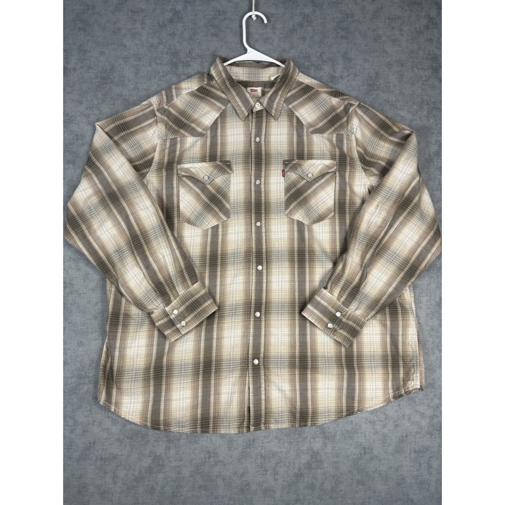 Levi's Pearl Snap Western Shirt Mens XXL Plaid Brown Tan Cotton Long Sleeve